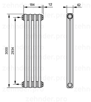 Схема (чертеж) Радиатор Zehnder Charleston 2300/4 №1270 Белый глянцевый RAL 9016